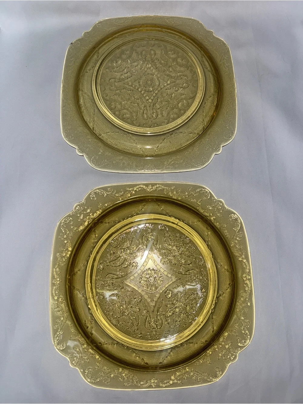 Vintage Amber Depression Glass Etched Luncheon Plates